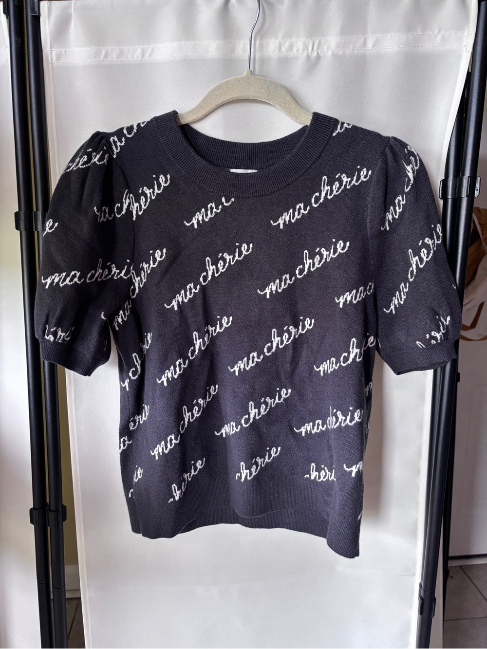 Anthropologie Maeve Grey Knit Top with White "ma chérie" Script